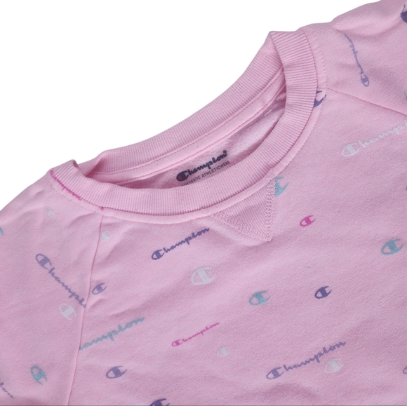 Champion Girls Tossed Logo Sweatshirt Size Large Pink Crewneck Fleece Lined. - Picture 3 of 8
